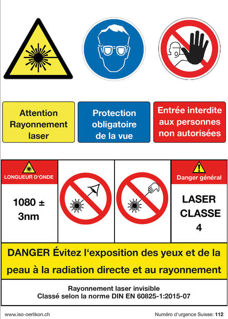 3 in Einem - Warnaufschrift auf Französisch, Kleber,  zum Schutz vor Laser Strahl