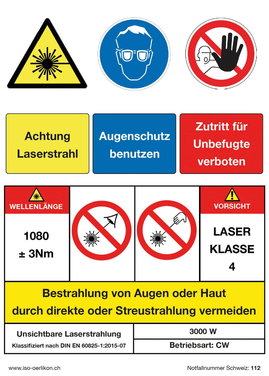 3 in Einem - Warnaufschrift, Kleber,  zum Schutz vor Laser Strahl